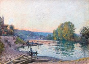 Seinen ranta, auringonvaloefekti hämärässä, päivämäärä tuntematon (öljy kankaalle) tekijältä Alfred Sisley