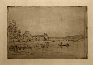 Banks of the Loing: Kuusi ankkuroitua kanoottia tekijältä Alfred Sisley