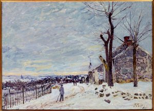 Lumisää Veneux-Nadonissa (Veneux Nadon en Seine et Marne). Alfred Sisleyn (1839 - 1899) maalaus tekijältä Alfred Sisley