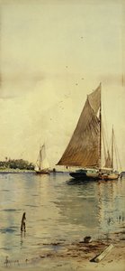Purjeiden kuivaus, osteriveneet, patchogue, Long Island, tekijältä Alfred Thompson Bricher