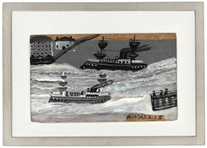 Tykkiveneet sodan aikana (öljy paneelissa) (katso myös 1074078) tekijältä Alfred Wallis