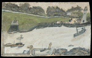 Satamanäkymä, jossa on linna ja majakka (lyijykynä ja öljy kortille) tekijältä Alfred Wallis
