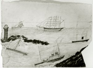 Kolme purjelaivaa, kaksi höyrylaivaa ja Godrevy Lighthouse, n. 1935-1938 (öljy & kynä kortilla) tekijältä Alfred Wallis