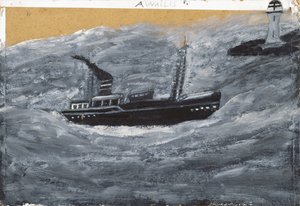 Troolari ja laituri (öljy kortille) tekijältä Alfred Wallis