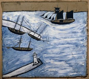 Näkymä Saint Ivesin satamaan ja majakkaan (Cornwall, Englanti). Öljy ja lyijykynä kartongille, Alfred Wallis (1855-1942). tekijältä Alfred Wallis