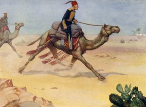 Brittikenraali Charles George Gordon laukkaa kamelin selässä Saharan autiomaassa