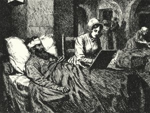 Englantilainen sairaanhoitaja Florence Nightingale kirjoittaa kirjettä Krimin sodassa haavoittuneelle sotilaalle Scutarin sairaalassa, 1855