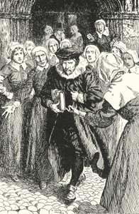 Edinburghin naiset tuomitsivat skotlantilaisen papin William Annandin saarnaamisesta uudesta rukouskirjasta St Gilesin katedraalissa, 1637 tekijältä Alfred Wallis Mills