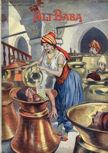 Ali Baba (ja neljäkymmentä varasta). Suosittu tarina 1001 yöstä tai tuhat ja yksi yö). Kuva Vaccarista ja Carreystä "" Les beaux tales"" -kokoelmassa "" Nos loisirs""" noin 1910. Yksityinen kokoelma.