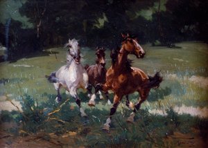 Juoksuhevoset, maalaus Alfredo Tominz (1854-1936), öljy pahville, 67x48 cm, Italia