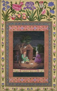 Kaksi vanhaa miestä keskustelussa majan ulkopuolella, Folio Davis-albumista, A.H.1085A.D.1674-75. tekijältä Ali Quli Jabbadar