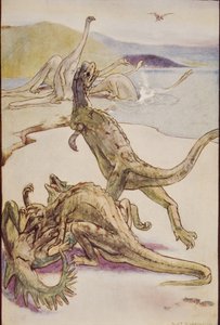 Mesozoinen kohtaus, joka esittää Deinotheriaa, kuvitus H.G. Wellsin 