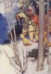 Intiaanit hiipivät äänettömästi ylös (väri litho)