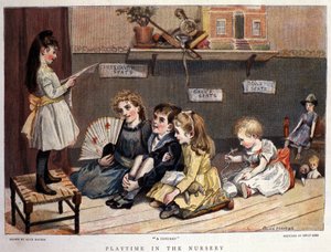 Lasten pelejä: "" konsertti"" Pieni tyttö laulaa lasten ja lelujen yleisön edessä. Alice Haversin piirros. 1877