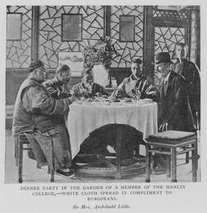 Dinner Party in the Garden of a Member of the Hanlin College, White Cloth Spread in Compliment to Europeans (b/w photo)