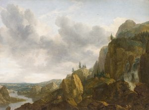 Pohjoinen vuoristomaisema vesiputouksella