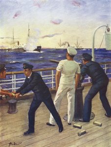 Midshipman Reginald Himbury avustaa McTavish-klaanin ampujia taistelussa saksalaisen raider Moewen kanssa tekijältä Allan (after) Stewart