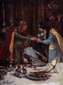 Mercian Offa II:n vaimon Cynethryth myrkyttää Itä-Englannin kuninkaan Aethelbert II:n, 794 (värilitho) tekijältä Allan (after) Stewart