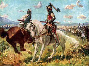 Taistelu kuningas Robert Brucen ja Sir Henry de Bohunin välillä Bannockburnissa (värilitho)