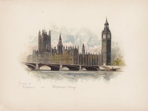 Tuttu Lontoo: parlamenttitalo ja Westminsterin silta (värilitografia).