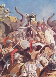 Aleksanterin taistelu Poruksen kanssa Jhelumilla (värilitografia) tekijältä Allan Stewart