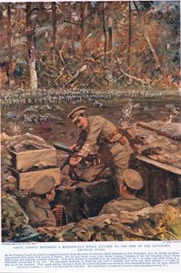 Luutnantti Dimmer korjaa konekivääriä etenevän Preussin Kaartin tulessa, esimerkki teoksesta Deeds that Thrill the Empire, julkaisija Hutchinson & Co., n. 1920 (värilitho)