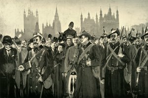 "Londonin vastaus – kaupungin keisarilliset vapaaehtoiset ylittävät Westminster Bridgen", 1900. tekijältä Allan Stewart
