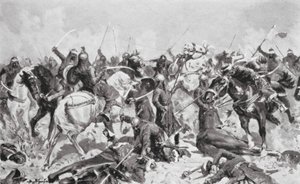 Rajputtien viimeinen taistelu muhamettilaisia vastaan vuonna 1192 jKr (litografia) tekijältä Allan Stewart