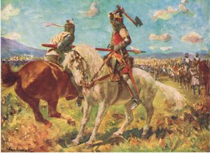 Taistelu kuningas Robert Brucen ja Sir Henry de Bohunin välillä Bannockburnissa (värilitho)