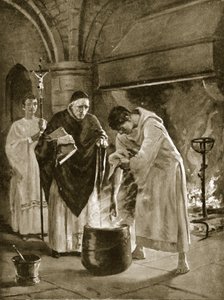 Oikeudenkäynti kiehuvan veden koettelemuksessa, kuvitus "Hutchinsonin tarinasta brittiläisen kansakunnan tarinasta", n. 1920 (litho)