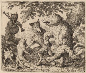 Kaikki iloitsevat karhun ja suden puolesta, luultavasti c. 16451656. tekijältä Allart van Everdingen
