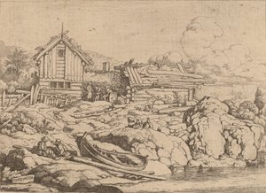 Vene joen rannalla kolmen vuohen kanssa, luultavasti n. 16451656. tekijältä Allart van Everdingen
