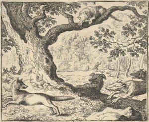 Renardin väärän tarinan jälkeen Hendrick van ..., 1650-75 metsästyskoirat jahtaavat hänen isänsä. tekijältä Allart van Everdingen