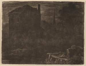 Yömaisema talon ja kirkon tornin kanssa, luultavasti n. 1660. tekijältä Allart van Everdingen