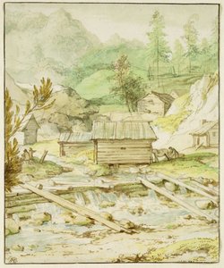 Pohjoismainen maisema, jossa on puinen maja ja pato (kynä, sivellin ja wc paperille) tekijältä Allart van Everdingen