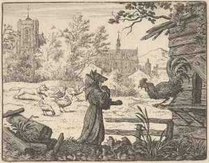 Renard, munkkinaamioitunut, saa kukon luottamuksen, 1650-75.