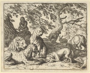 Renard syyttää väärin isäänsä salaliitosta leijonaa vastaan, 1650-1675. tekijältä Allart van Everdingen