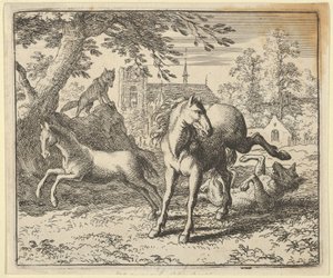 Renard menee mäyrän kanssa oikeuteen lievittääkseen leijonan vihaa, 1650-75. tekijältä Allart van Everdingen