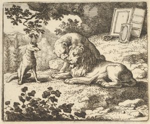 Renard valehtelee, että hän antoi pässille erilaisia jaloesineitä, jotka oli tarkoitettu leijonalle..., 1650-75. tekijältä Allart van Everdingen