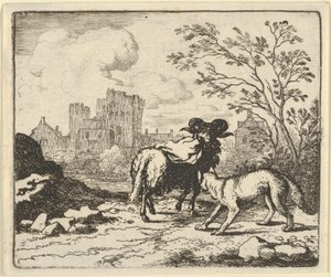 Renard lähettää oinaan takaisin leijonalle kanin pään sisältävän paketin kanssa, 1650-75. tekijältä Allart van Everdingen