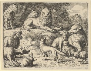 Eläimet ennen leijonaa syyttävät Renardia, 1650-75. tekijältä Allart van Everdingen