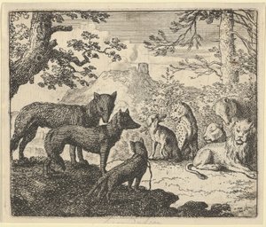 Renardin vanhemmat pyytävät lupaa poistua hovista Hendrick van Alcmarin teoksessa Renard The Fox tekijältä Allart van Everdingen