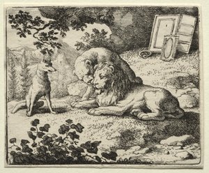 Reynard the Fox: Reynard lupaa lahjoja leijonalle tekijältä Allart van Everdingen