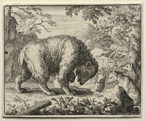 Reynard the Fox: Reynard lupaa hunajaa karhulle. tekijältä Allart van Everdingen