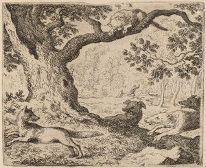 Reynardin isä ja kissa, jota koirat takaavat, luultavasti n. 16451656. tekijältä Allart van Everdingen