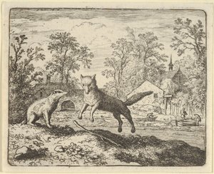 Mäyrä määrää rangaistuksena hypätä kolme kertaa kepin yli maassa, 1650-75. tekijältä Allart van Everdingen