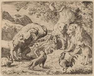 Karhu rukoilee leijonaa oikeuden puolesta, luultavasti n. 16451656. tekijältä Allart van Everdingen