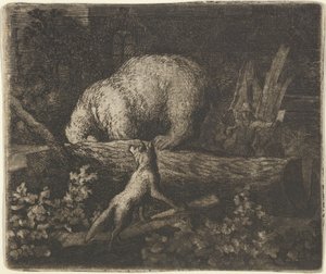 Karhu kuonoineen ja etutassuineen puun runkoon kiinni, 1600-luvun puoliväli. tekijältä Allart van Everdingen