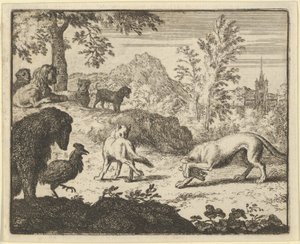 Leijona sallii taistelun suden ja Renardin välillä, 1650-75. tekijältä Allart van Everdingen