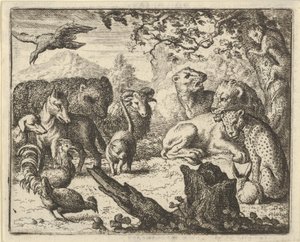 Leijona julistaa kestävän rauhan häntä ympäröiville eläimille, 1650-75. tekijältä Allart van Everdingen